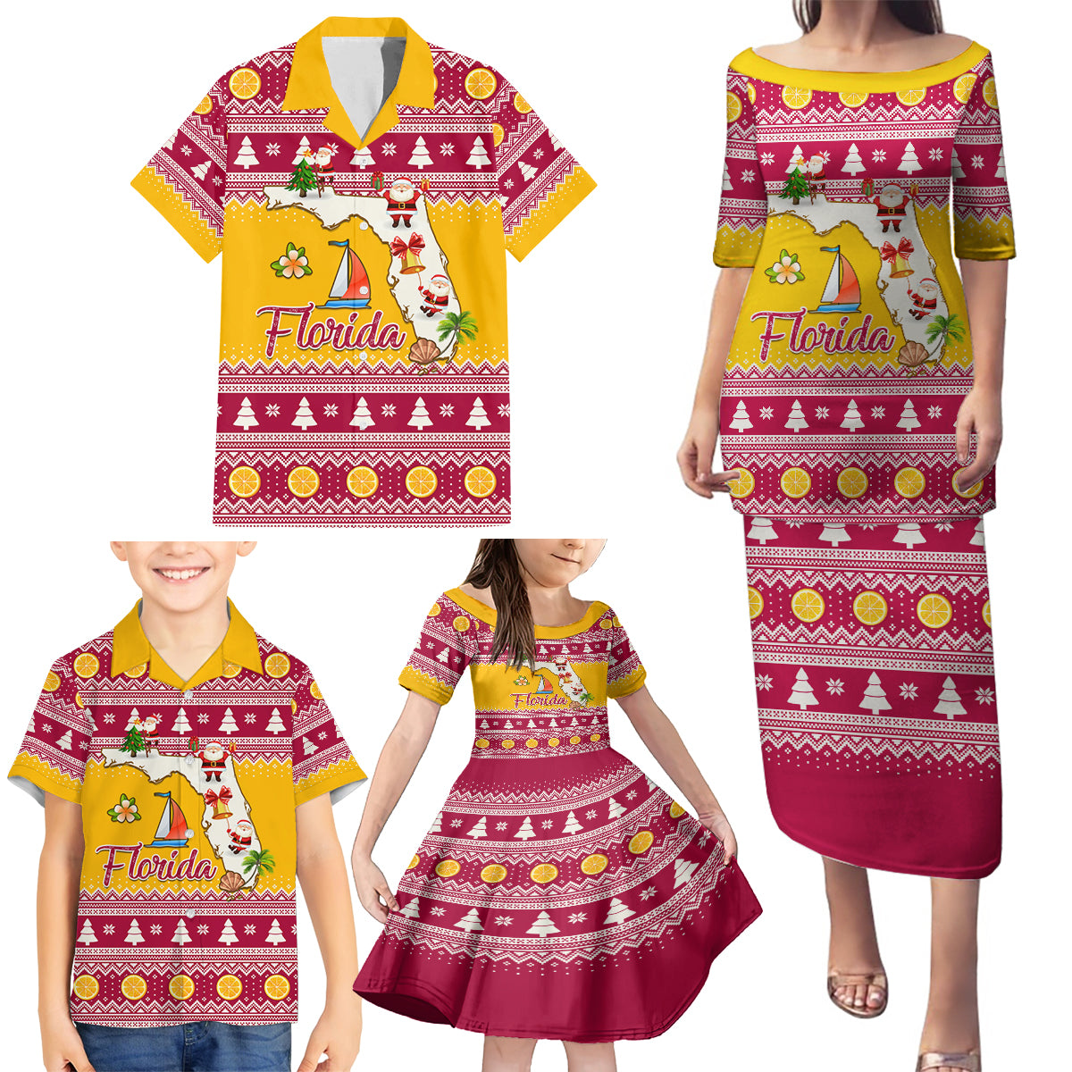 Florida Christmas Family Matching Puletasi Dress and Hawaiian Shirt Santa Claus Florida Map With Orange - Wonder Print Shop