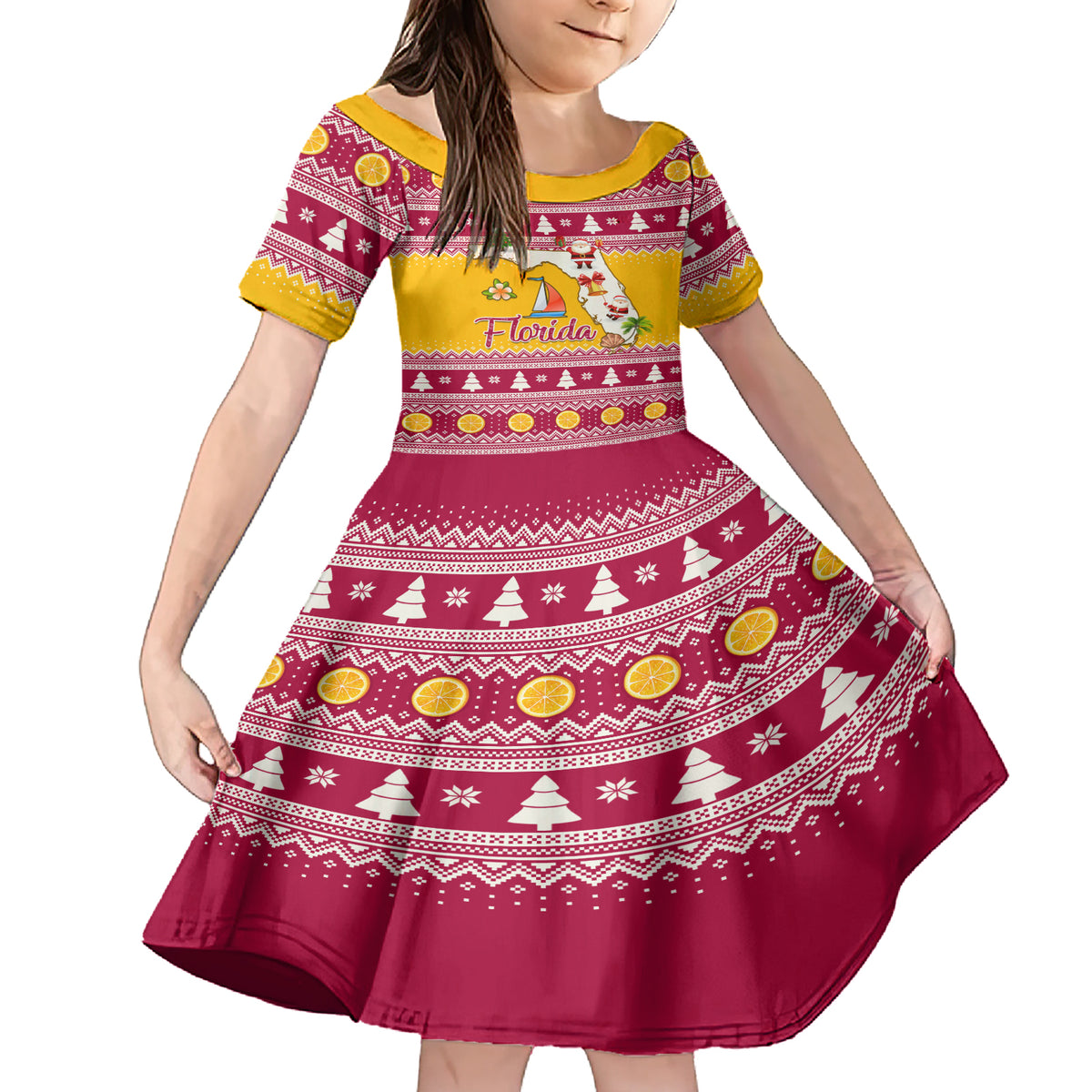 Florida Christmas Family Matching Short Sleeve Bodycon Dress and Hawaiian Shirt Santa Claus Florida Map With Orange - Wonder Print Shop