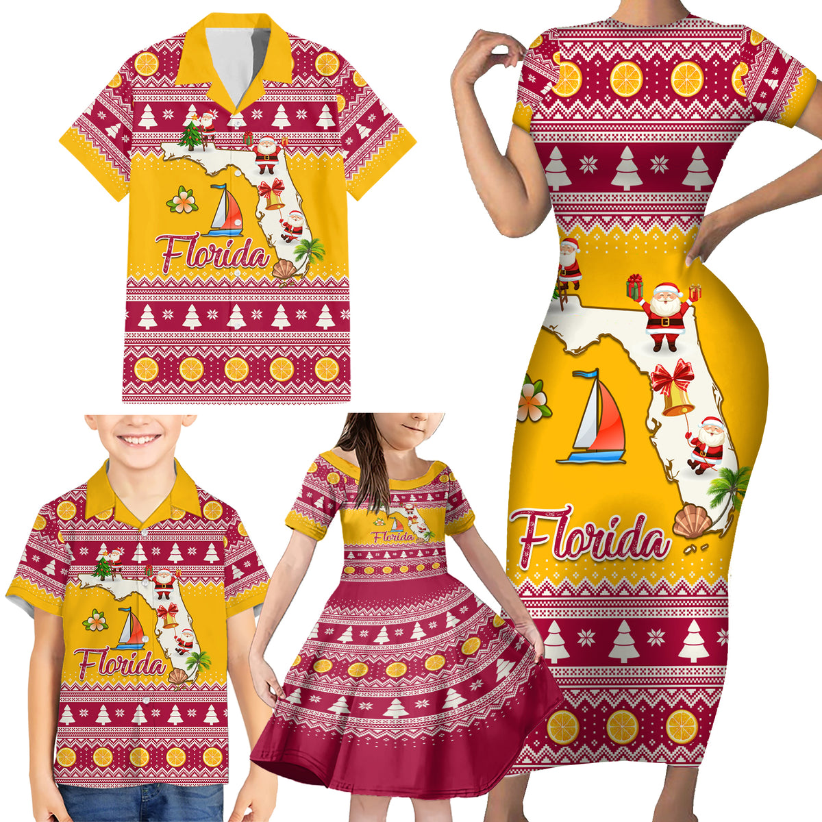 Florida Christmas Family Matching Short Sleeve Bodycon Dress and Hawaiian Shirt Santa Claus Florida Map With Orange - Wonder Print Shop