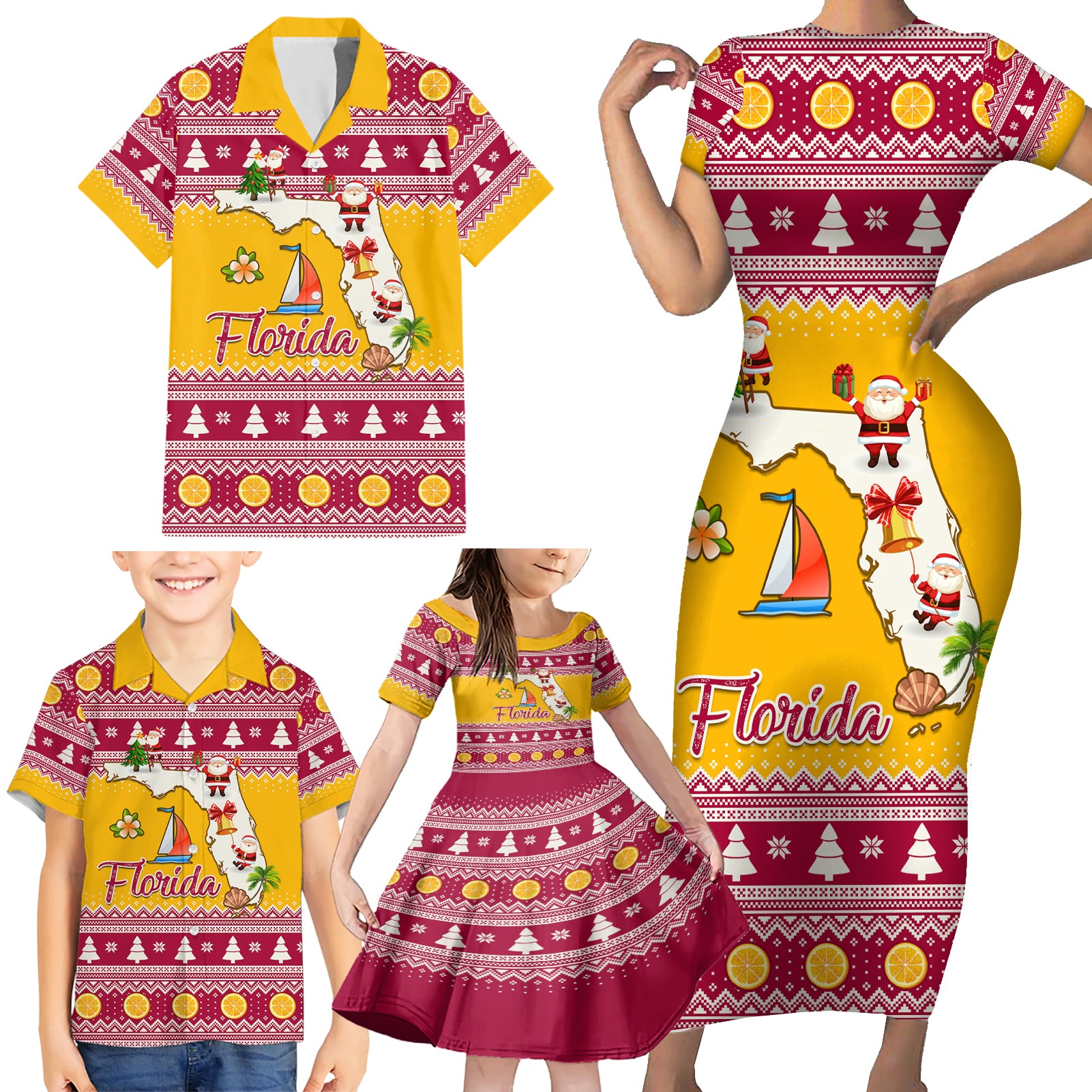 Florida Christmas Family Matching Short Sleeve Bodycon Dress and Hawaiian Shirt Santa Claus Florida Map With Orange - Wonder Print Shop