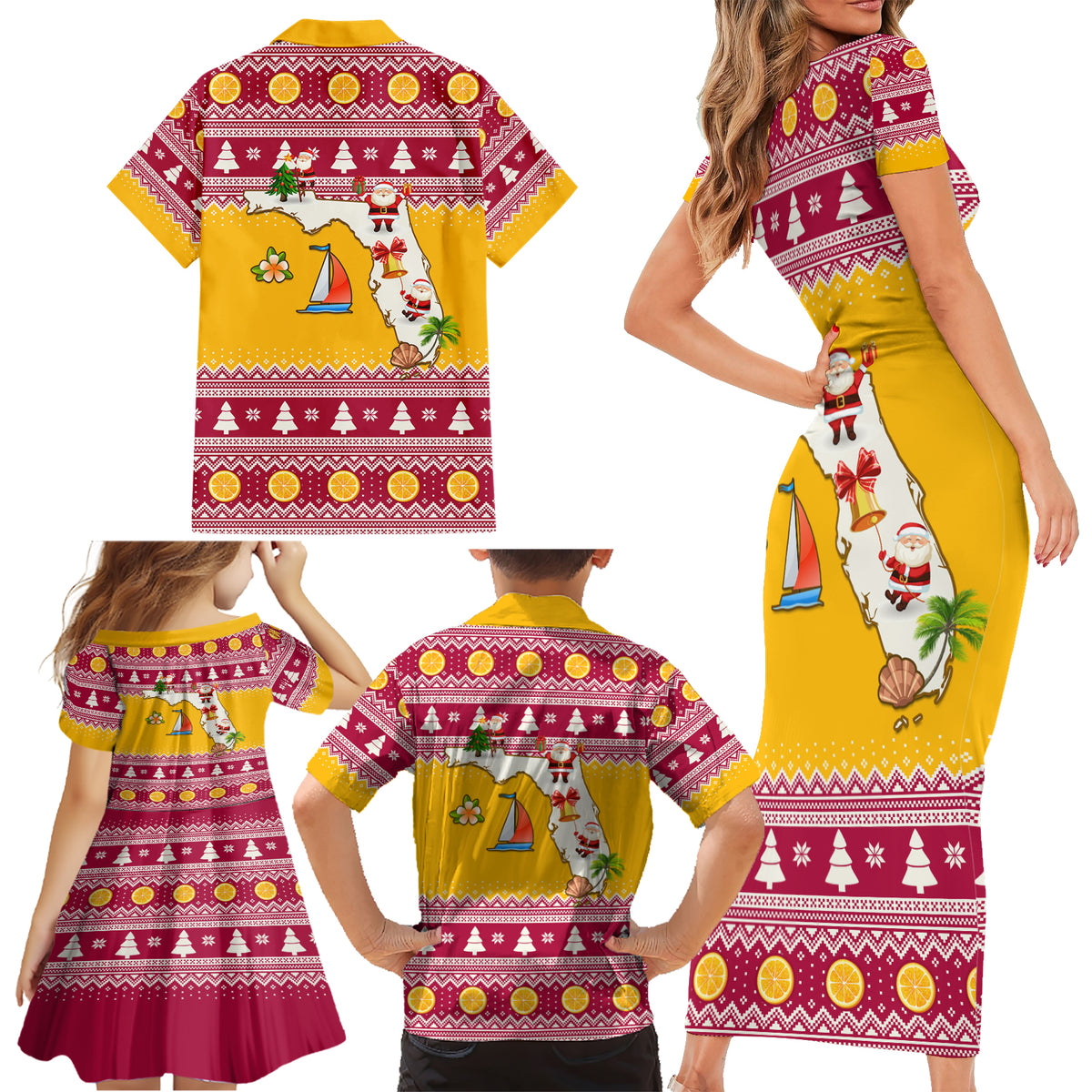Florida Christmas Family Matching Short Sleeve Bodycon Dress and Hawaiian Shirt Santa Claus Florida Map With Orange - Wonder Print Shop