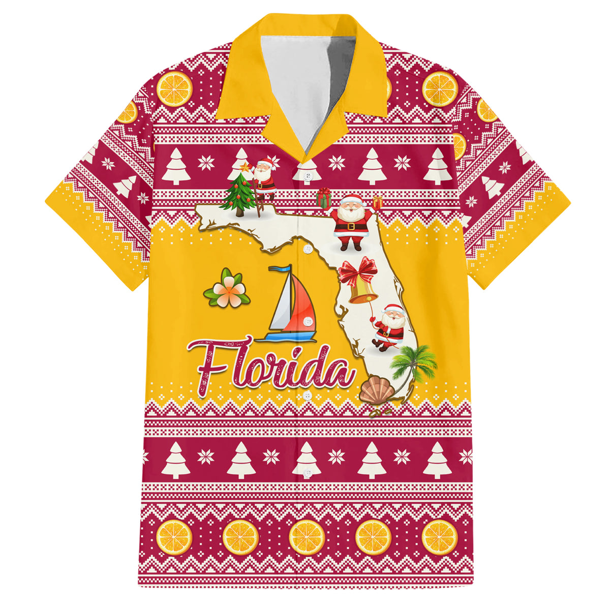 Florida Christmas Family Matching Short Sleeve Bodycon Dress and Hawaiian Shirt Santa Claus Florida Map With Orange - Wonder Print Shop