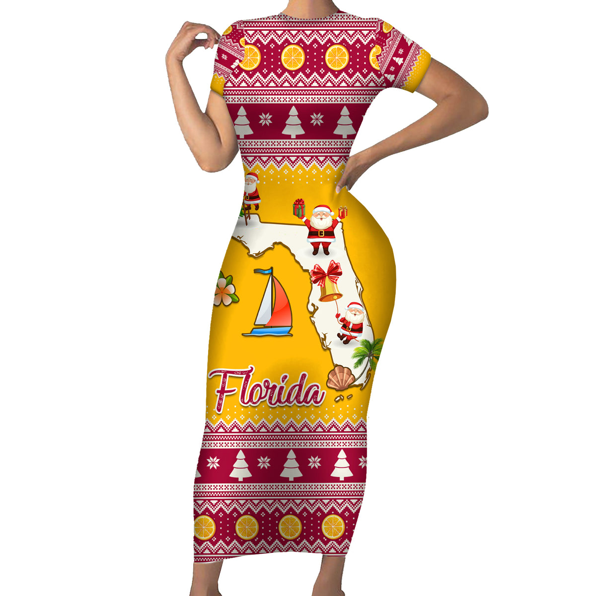 Florida Christmas Family Matching Short Sleeve Bodycon Dress and Hawaiian Shirt Santa Claus Florida Map With Orange - Wonder Print Shop