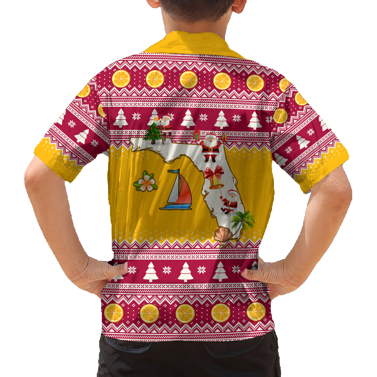 Florida Christmas Family Matching Summer Maxi Dress and Hawaiian Shirt Santa Claus Florida Map With Orange - Wonder Print Shop