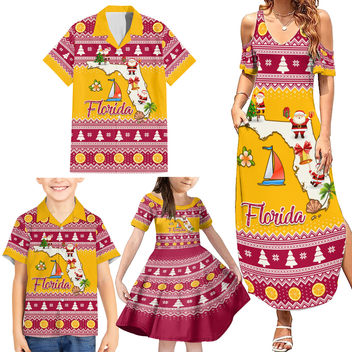 Florida Christmas Family Matching Summer Maxi Dress and Hawaiian Shirt Santa Claus Florida Map With Orange - Wonder Print Shop