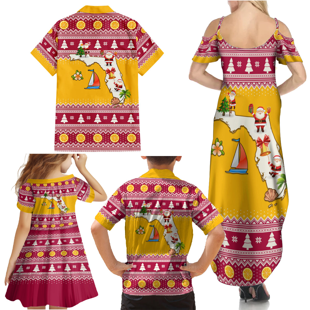 Florida Christmas Family Matching Summer Maxi Dress and Hawaiian Shirt Santa Claus Florida Map With Orange - Wonder Print Shop