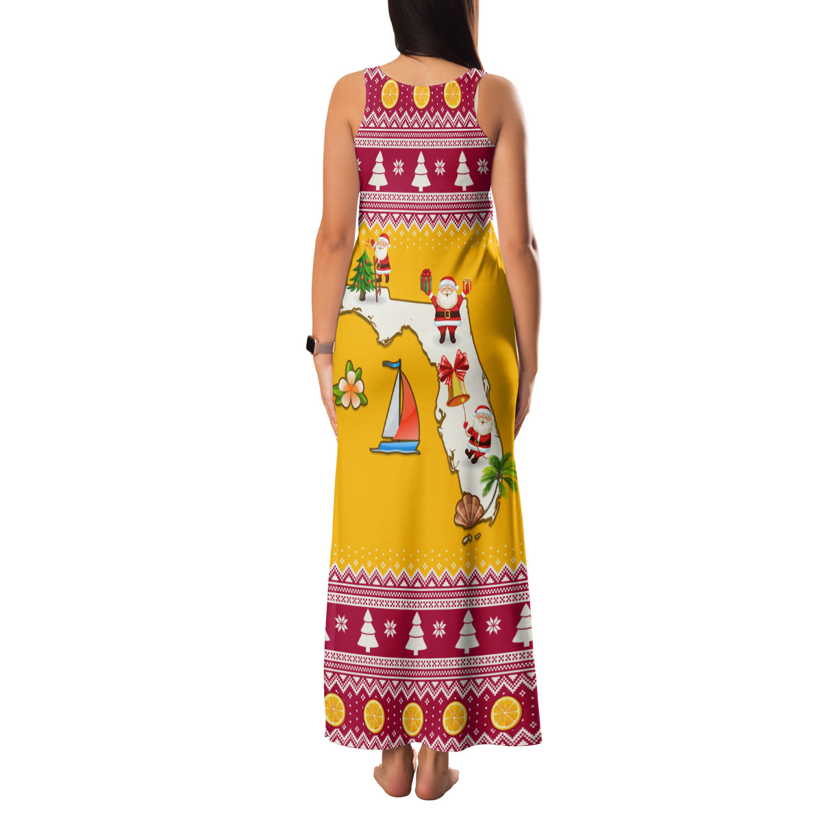 Florida Christmas Family Matching Tank Maxi Dress and Hawaiian Shirt Santa Claus Florida Map With Orange - Wonder Print Shop