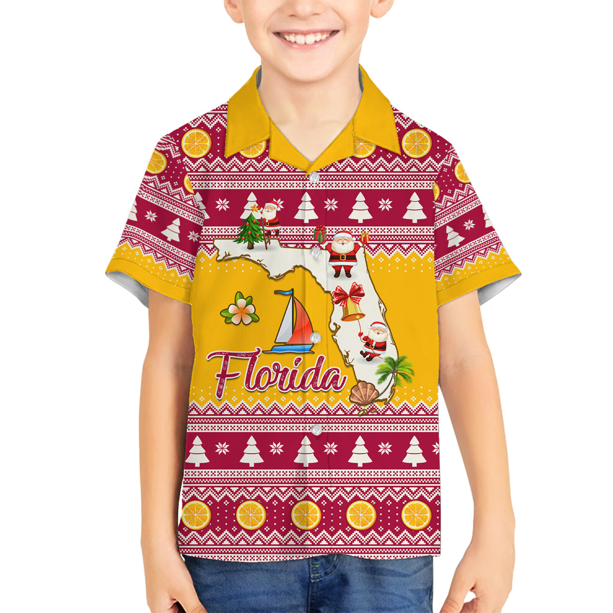 Florida Christmas Family Matching Tank Maxi Dress and Hawaiian Shirt Santa Claus Florida Map With Orange - Wonder Print Shop