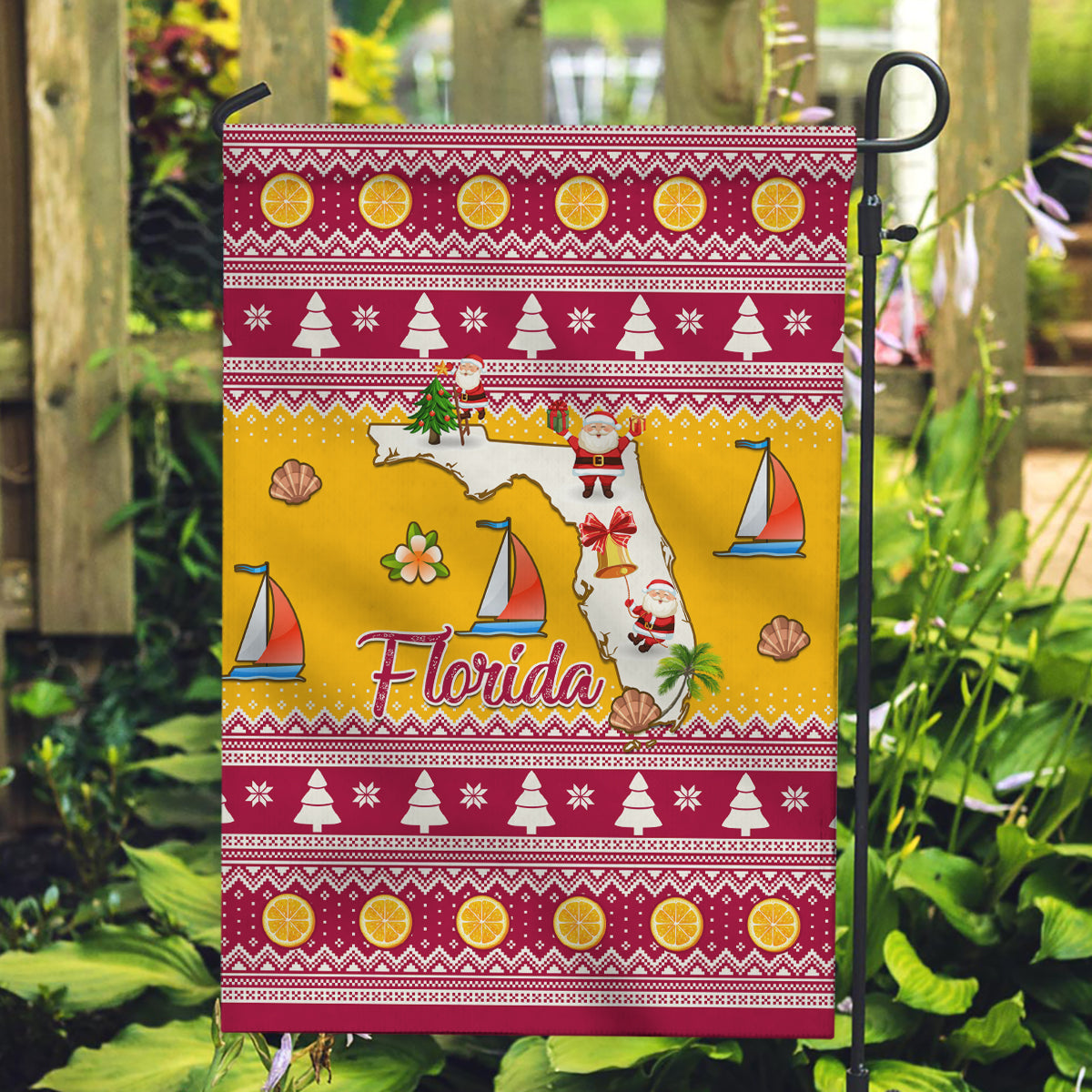 Florida Christmas Garden Flag Santa Claus Florida Map With Orange - Wonder Print Shop