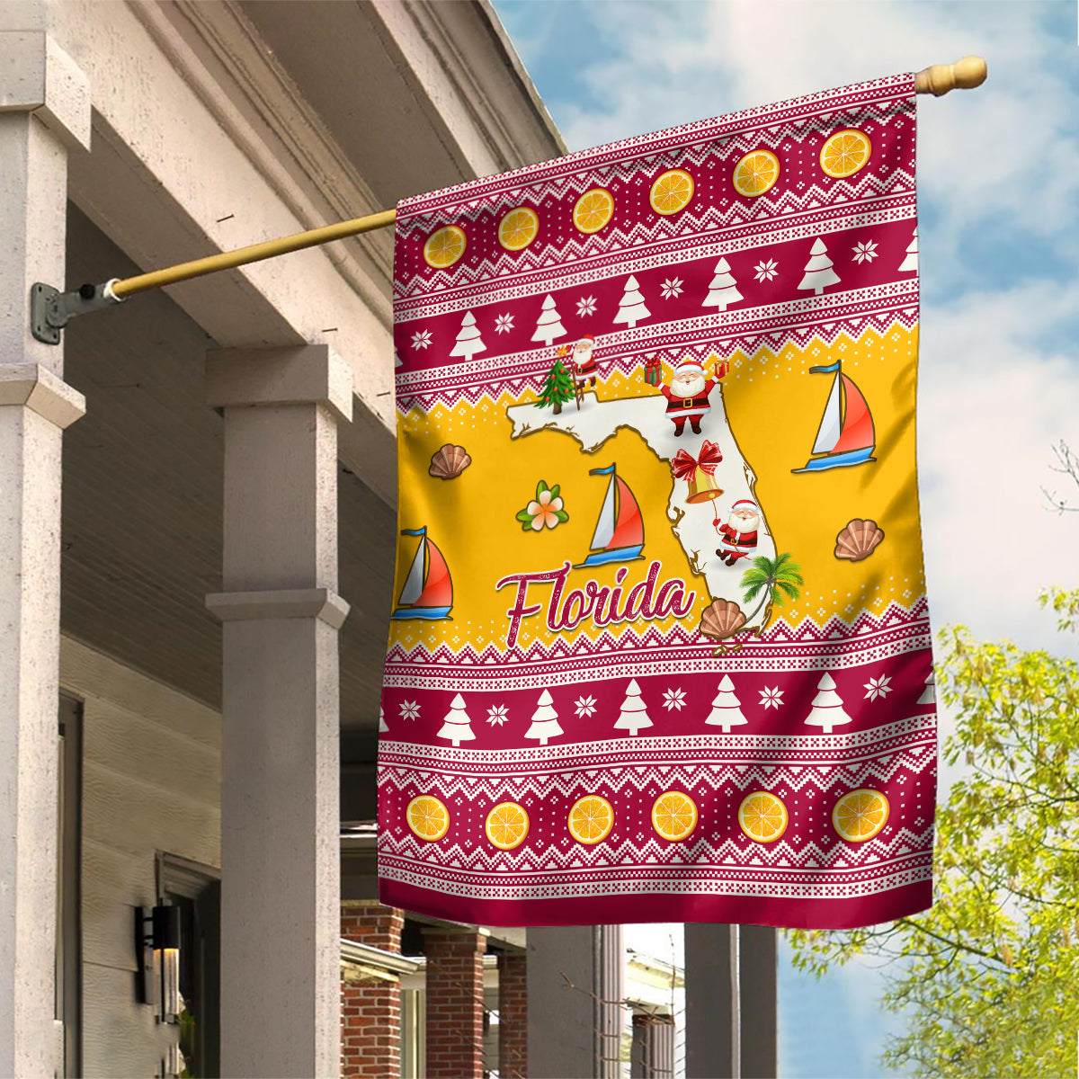 Florida Christmas Garden Flag Santa Claus Florida Map With Orange - Wonder Print Shop