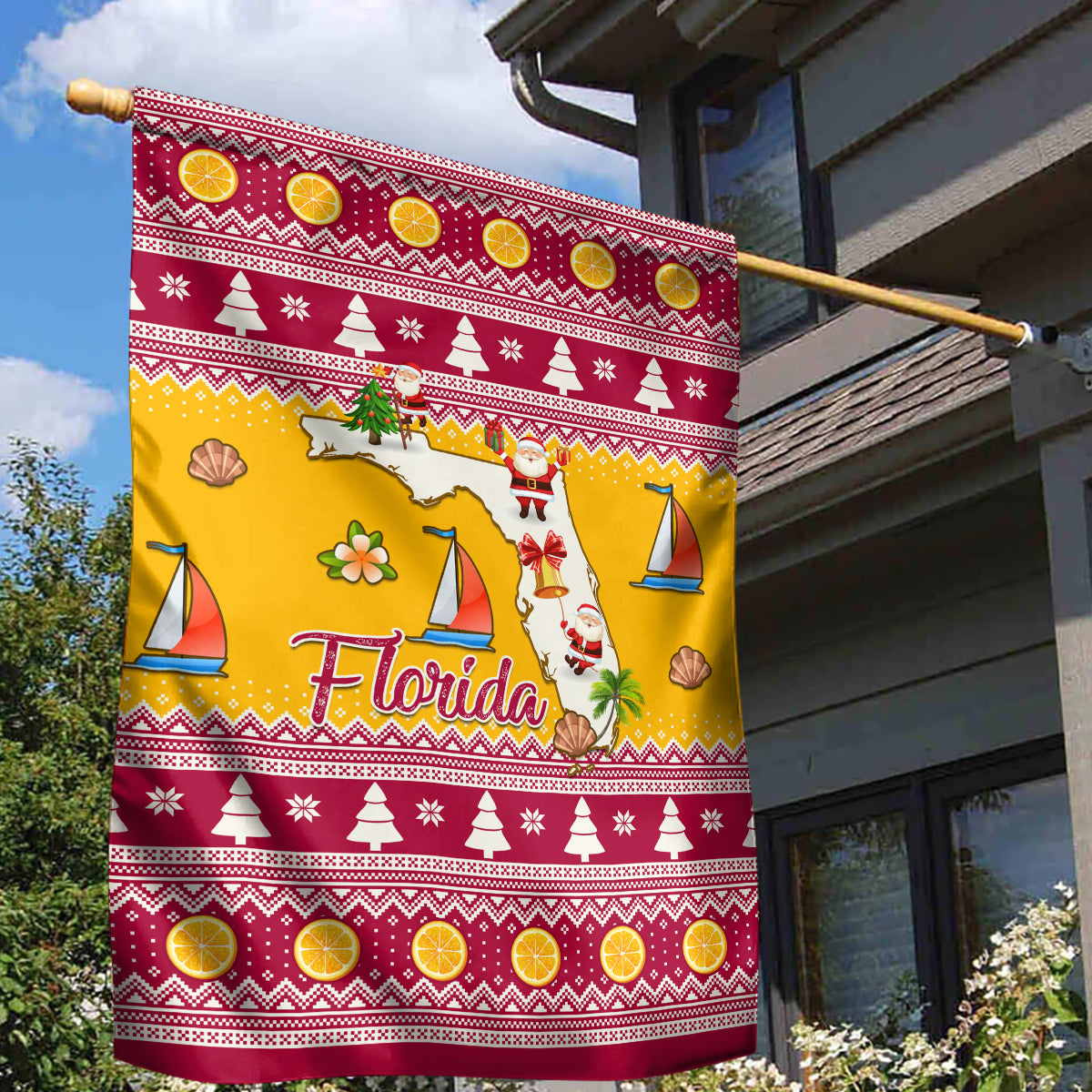 Florida Christmas Garden Flag Santa Claus Florida Map With Orange - Wonder Print Shop
