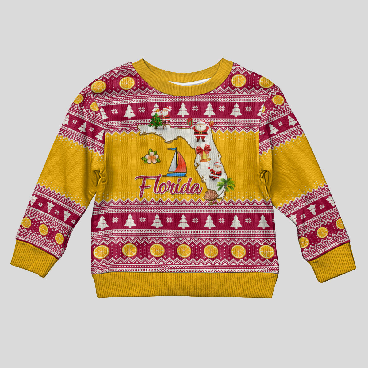 Florida Christmas Kid Ugly Christmas Sweater Santa Claus Florida Map With Orange - Wonder Print Shop