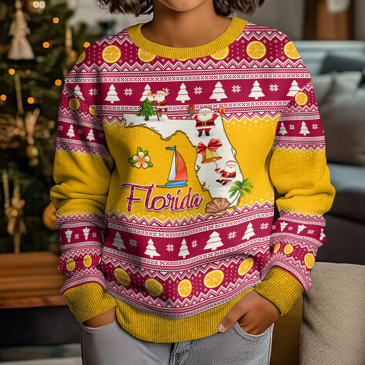 Florida Christmas Kid Ugly Christmas Sweater Santa Claus Florida Map With Orange - Wonder Print Shop