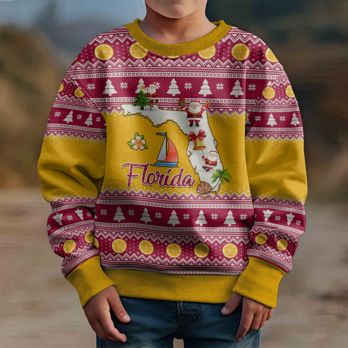Florida Christmas Kid Ugly Christmas Sweater Santa Claus Florida Map With Orange - Wonder Print Shop