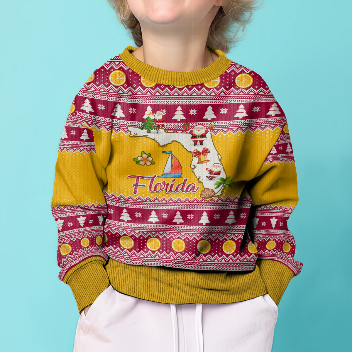 Florida Christmas Kid Ugly Christmas Sweater Santa Claus Florida Map With Orange - Wonder Print Shop