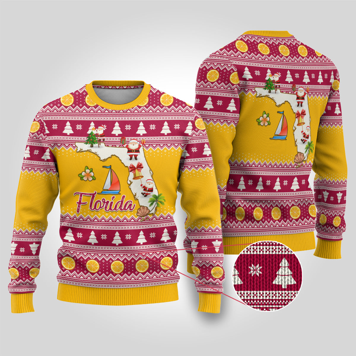 Florida Christmas Ugly Christmas Sweater Santa Claus Florida Map With Orange - Wonder Print Shop