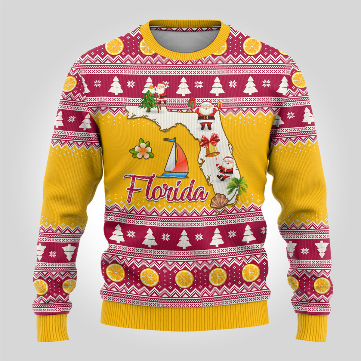 Florida Christmas Ugly Christmas Sweater Santa Claus Florida Map With Orange - Wonder Print Shop