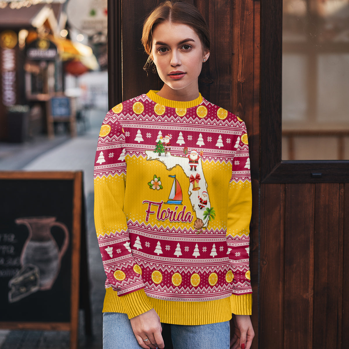 Florida Christmas Ugly Christmas Sweater Santa Claus Florida Map With Orange - Wonder Print Shop