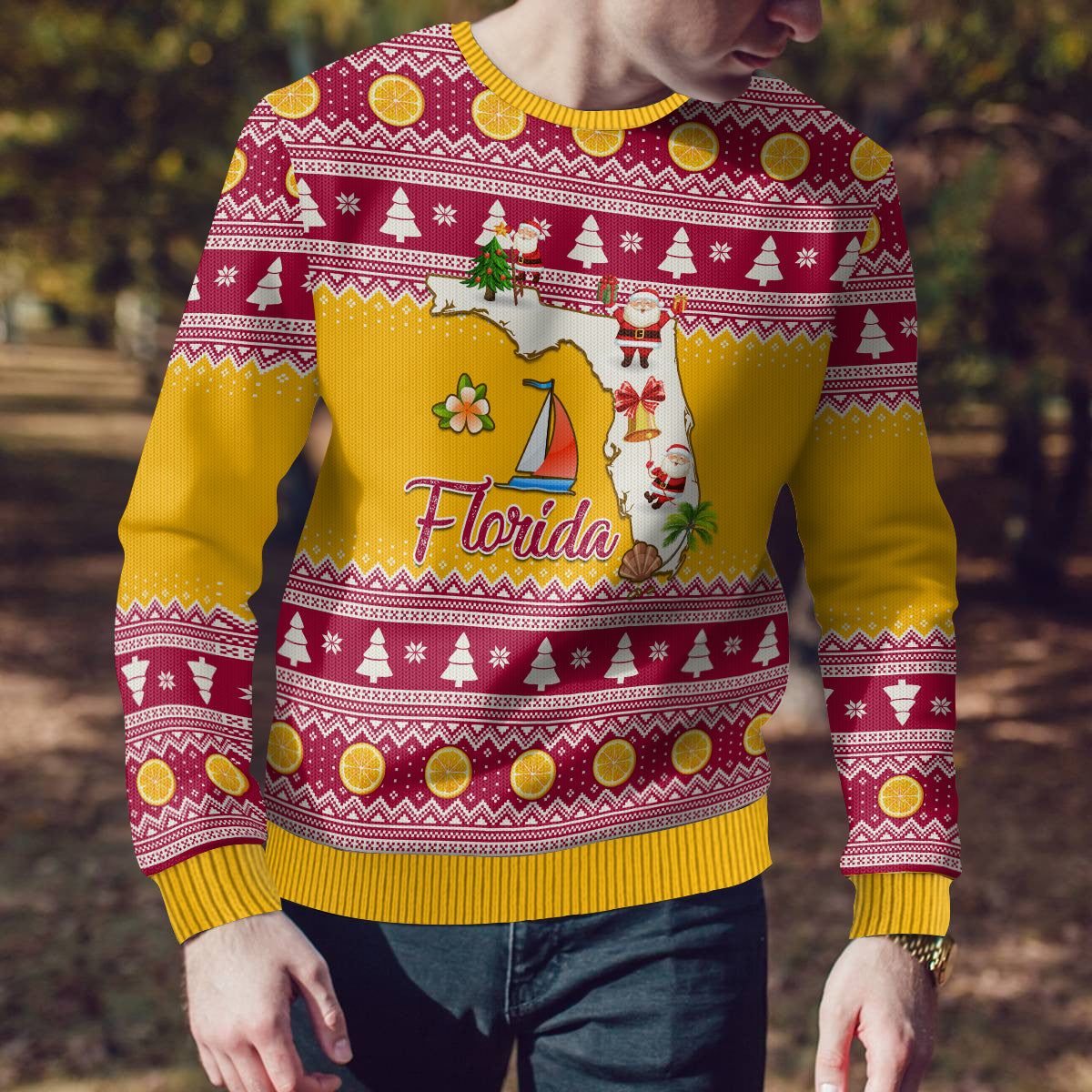 Florida Christmas Ugly Christmas Sweater Santa Claus Florida Map With Orange - Wonder Print Shop