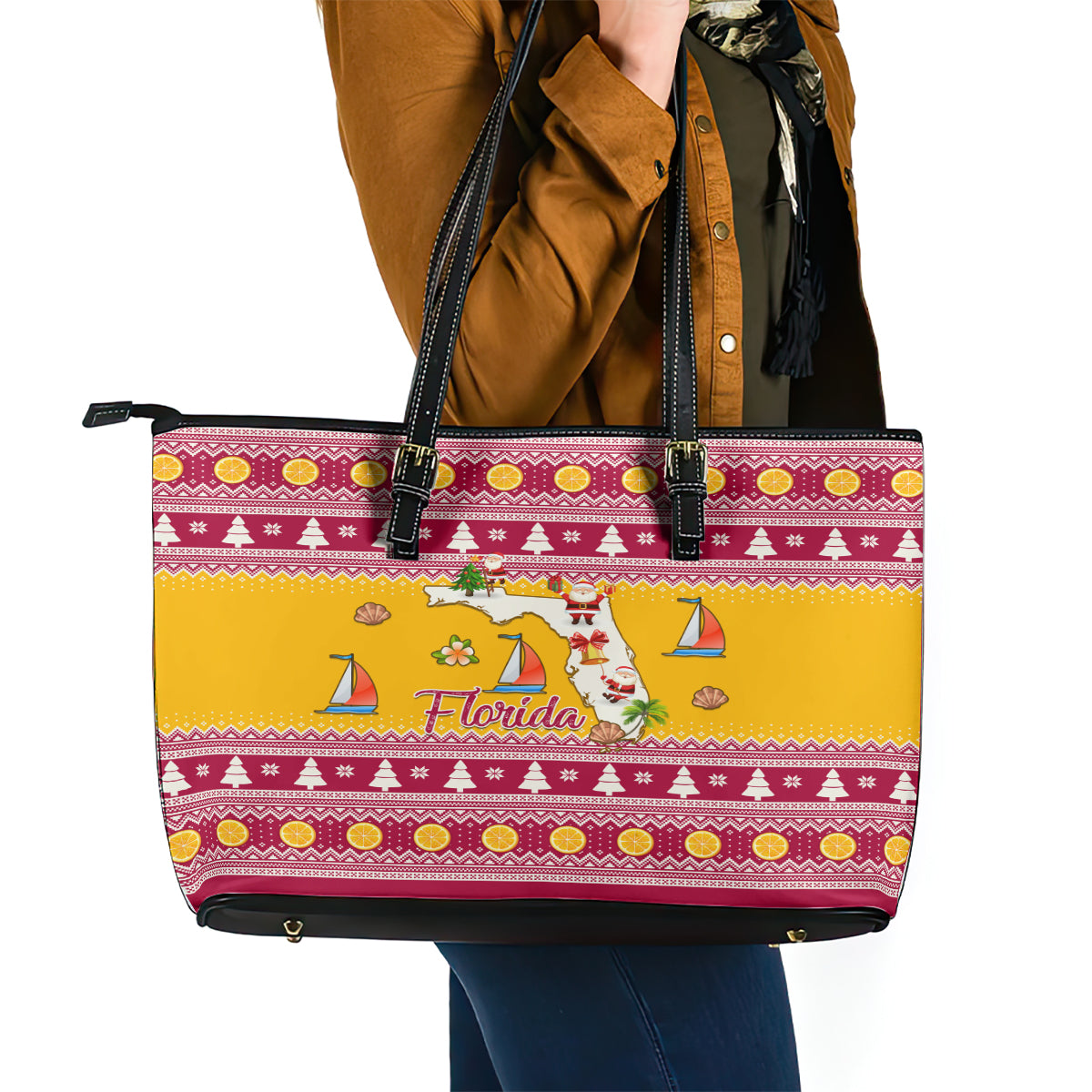 Florida Christmas Leather Tote Bag Santa Claus Florida Map With Orange - Wonder Print Shop