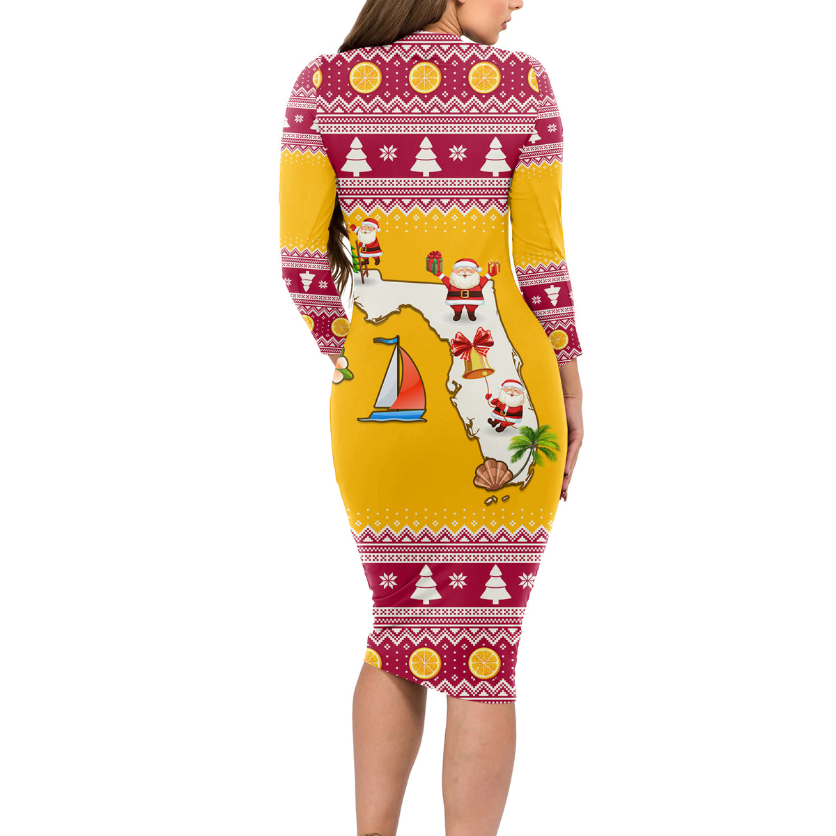Florida Christmas Long Sleeve Bodycon Dress Santa Claus Florida Map With Orange - Wonder Print Shop