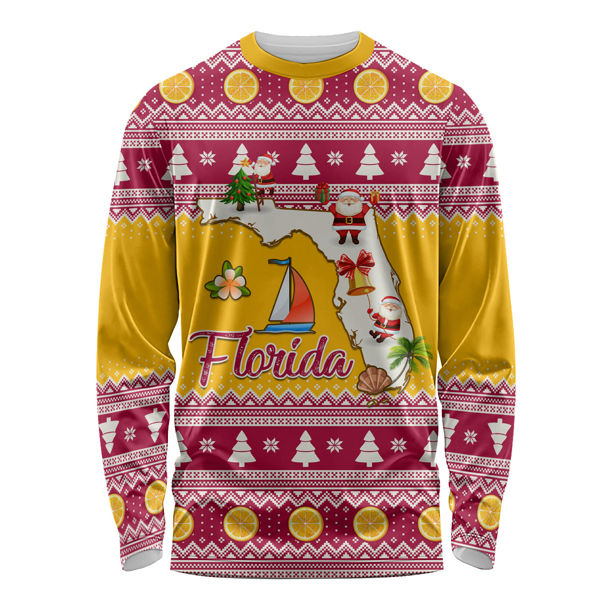 Florida Christmas Long Sleeve Shirt Santa Claus Florida Map With Orange - Wonder Print Shop