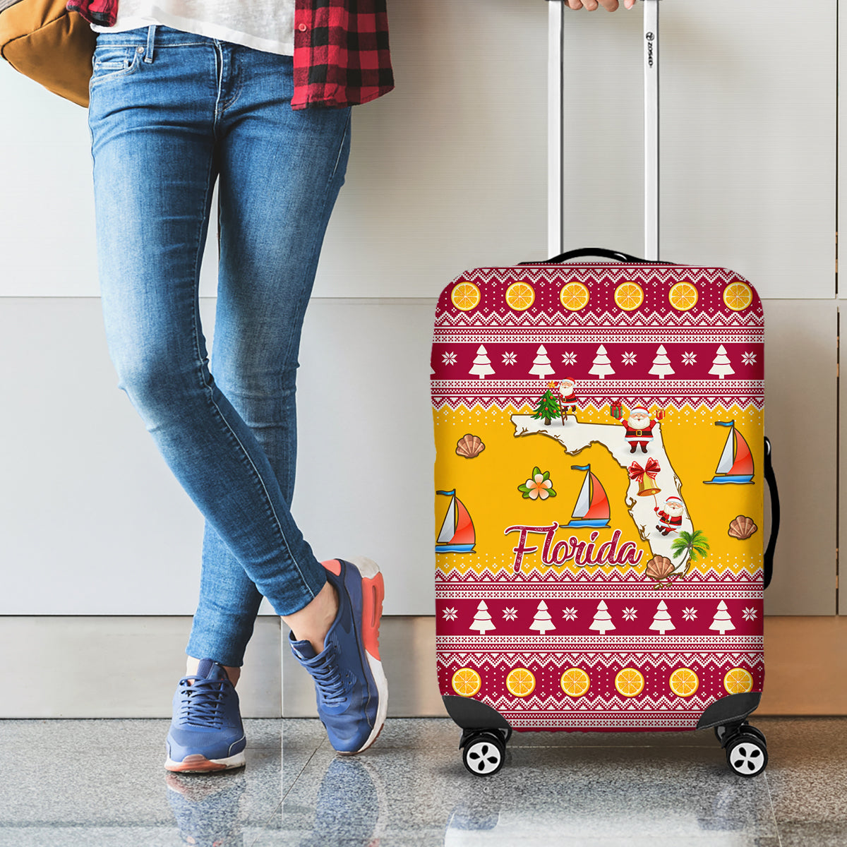 Florida Christmas Luggage Cover Santa Claus Florida Map With Orange - Wonder Print Shop