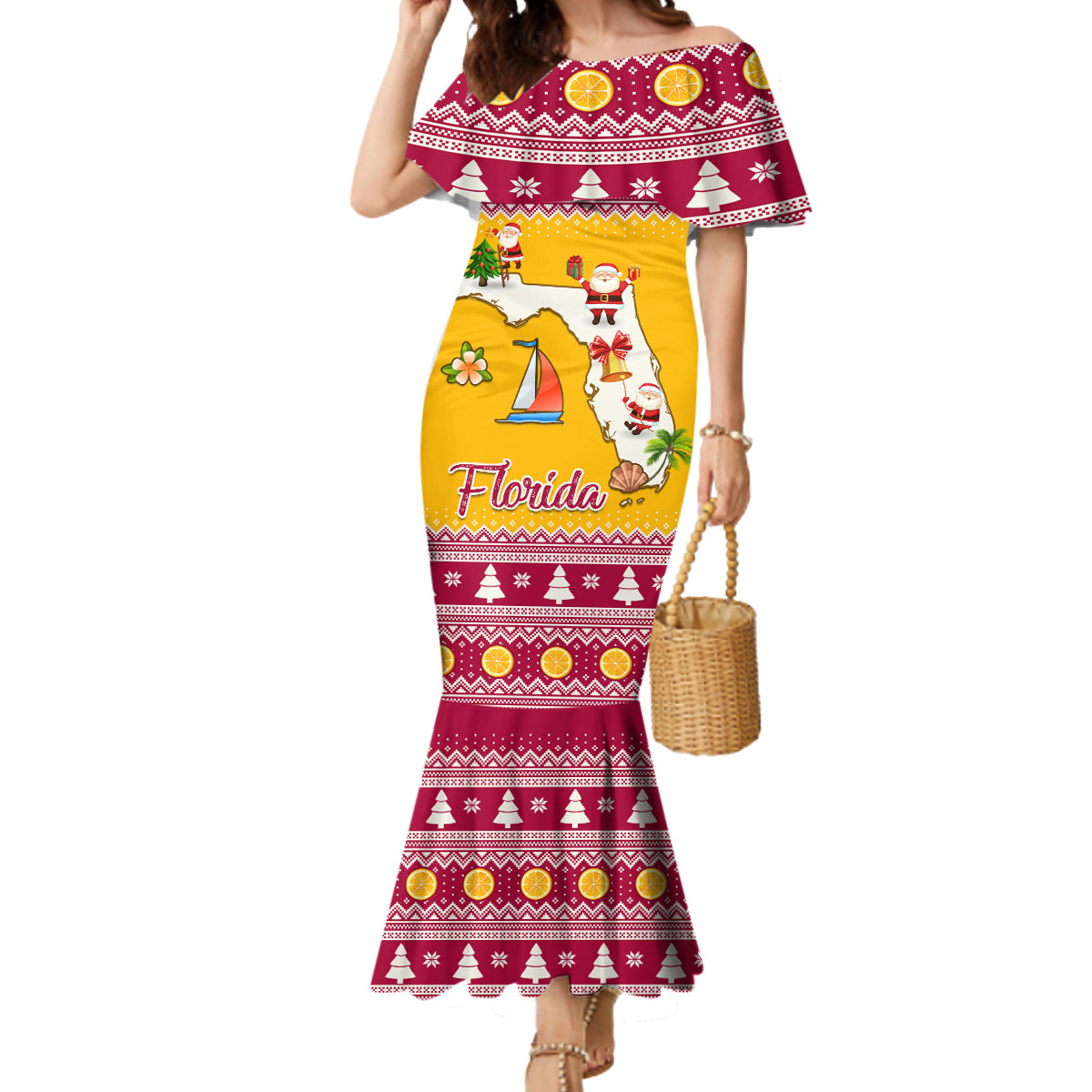 Florida Christmas Mermaid Dress Santa Claus Florida Map With Orange - Wonder Print Shop