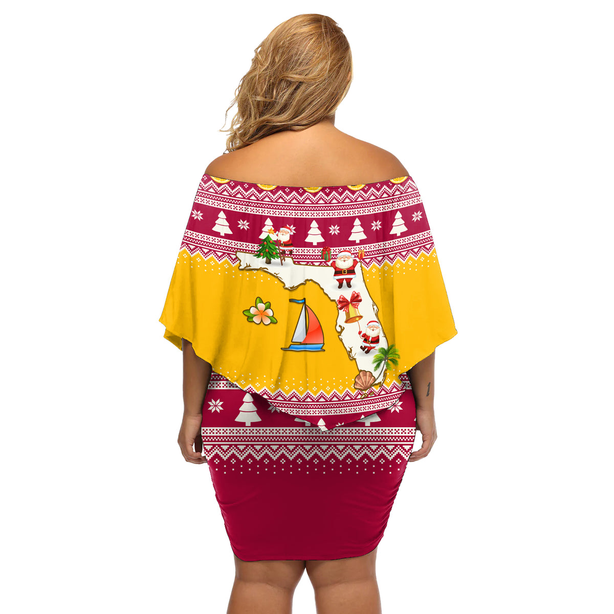 Florida Christmas Off Shoulder Short Dress Santa Claus Florida Map With Orange - Wonder Print Shop