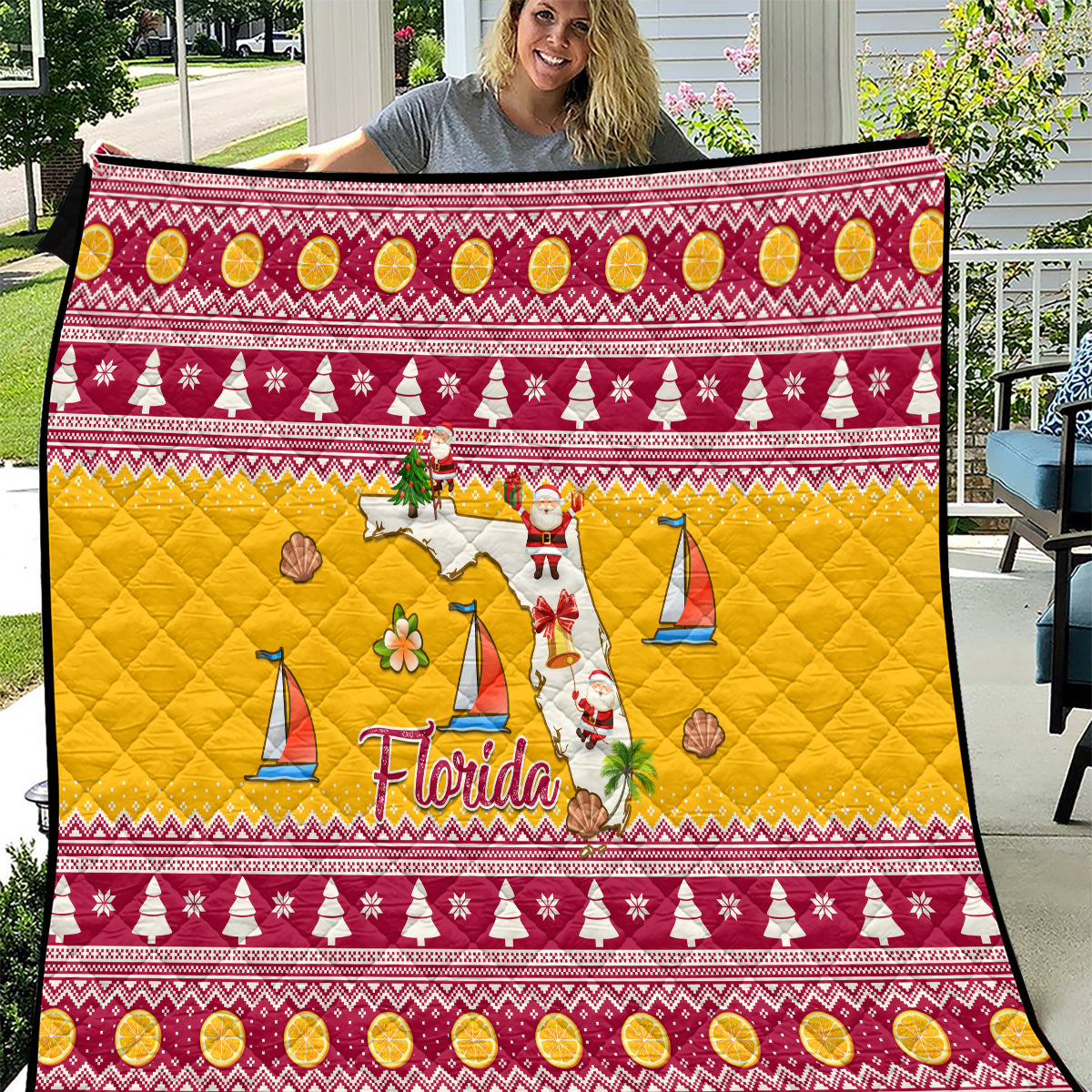 Florida Christmas Quilt Santa Claus Florida Map With Orange - Wonder Print Shop