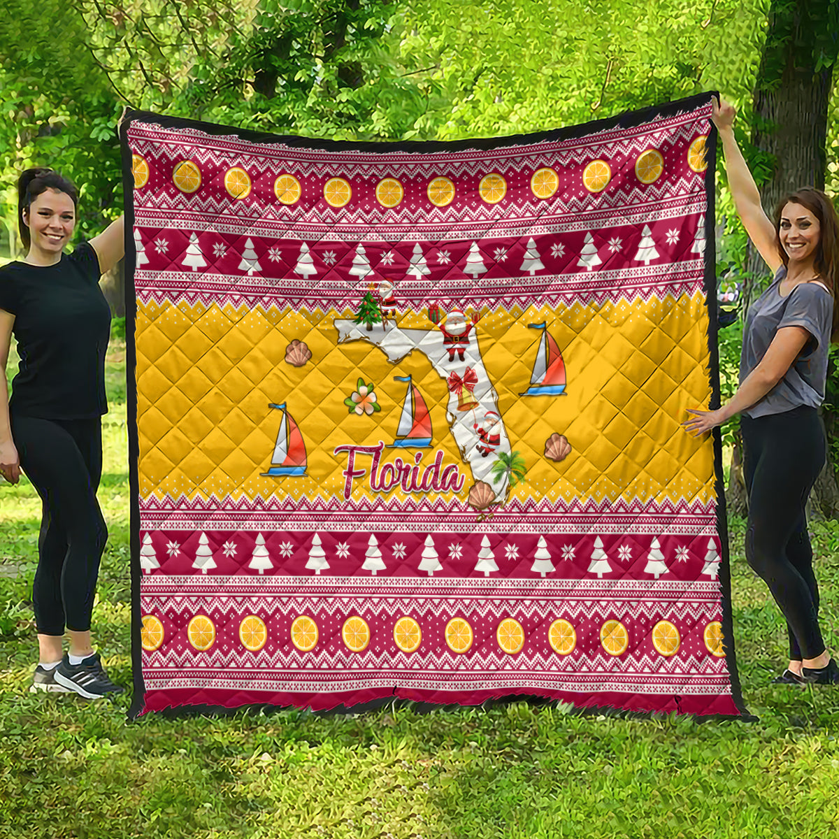 Florida Christmas Quilt Santa Claus Florida Map With Orange - Wonder Print Shop