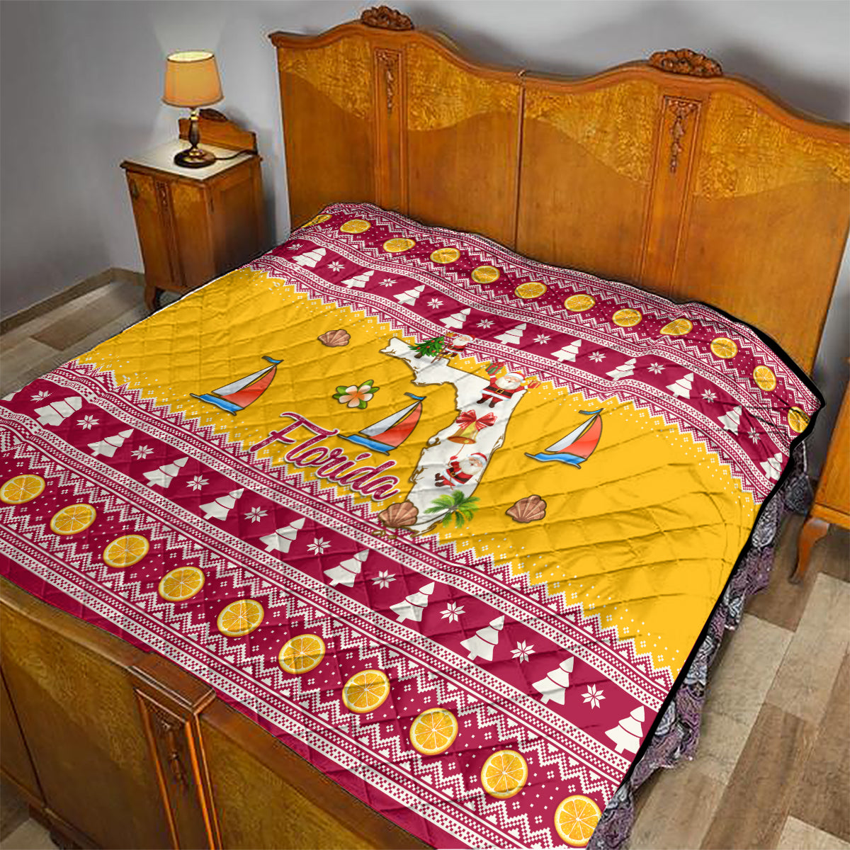 Florida Christmas Quilt Santa Claus Florida Map With Orange - Wonder Print Shop