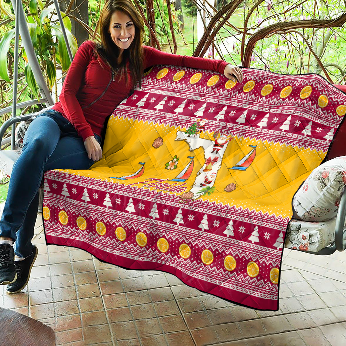 Florida Christmas Quilt Santa Claus Florida Map With Orange - Wonder Print Shop