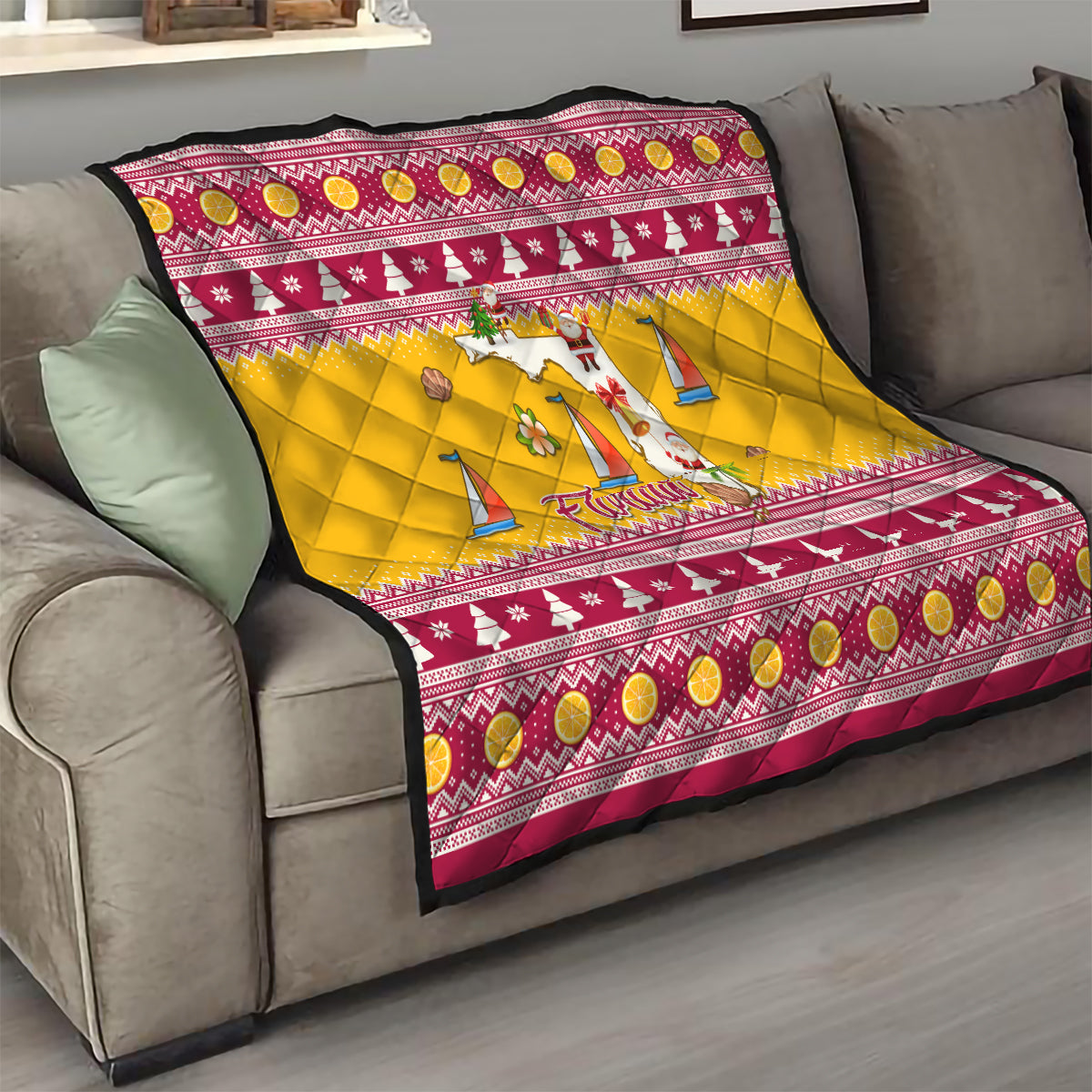 Florida Christmas Quilt Santa Claus Florida Map With Orange - Wonder Print Shop