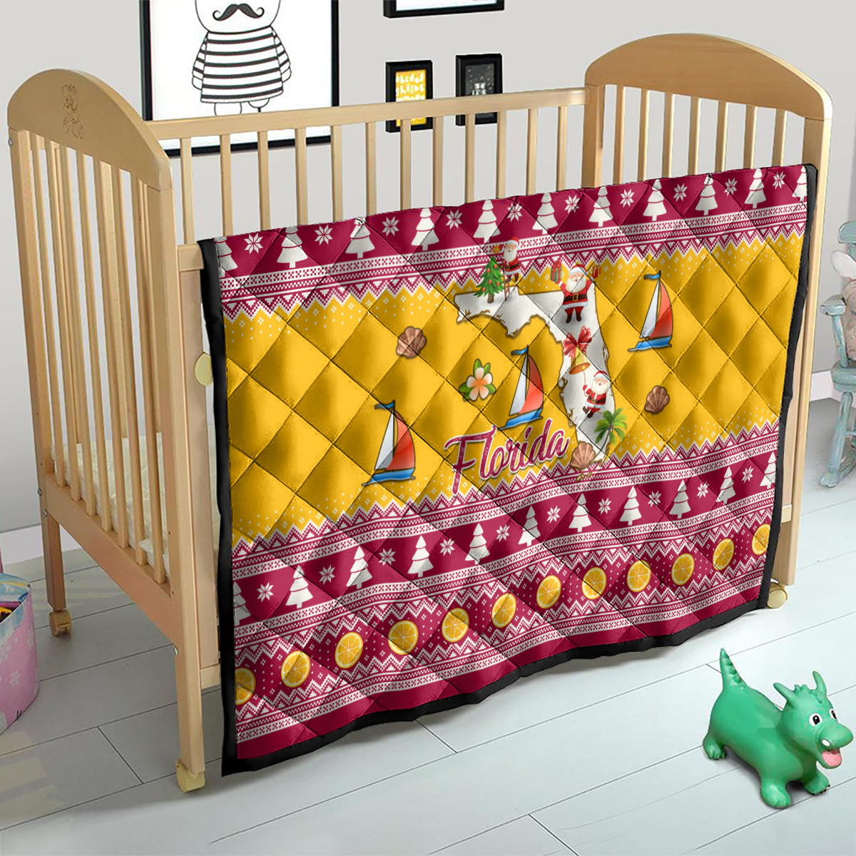 Florida Christmas Quilt Santa Claus Florida Map With Orange - Wonder Print Shop