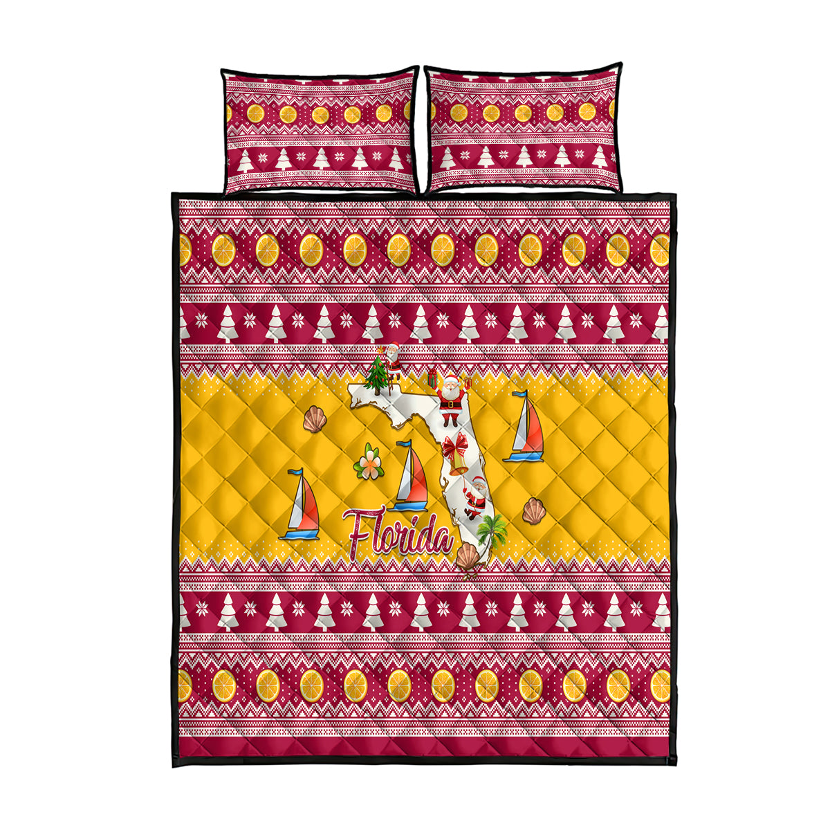 Florida Christmas Quilt Bed Set Santa Claus Florida Map With Orange - Wonder Print Shop