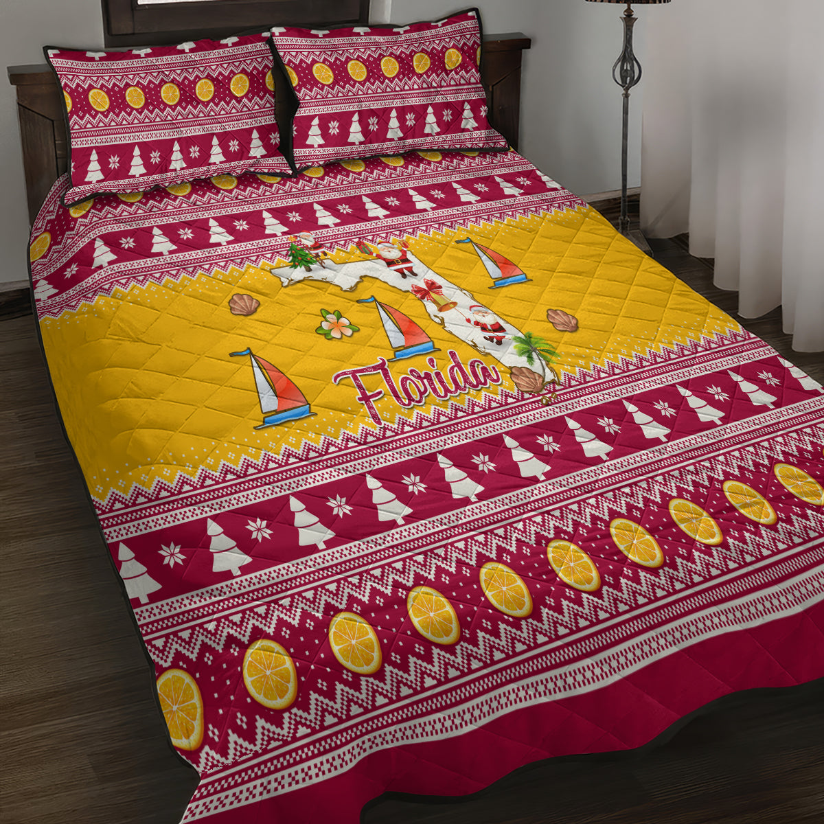 Florida Christmas Quilt Bed Set Santa Claus Florida Map With Orange - Wonder Print Shop
