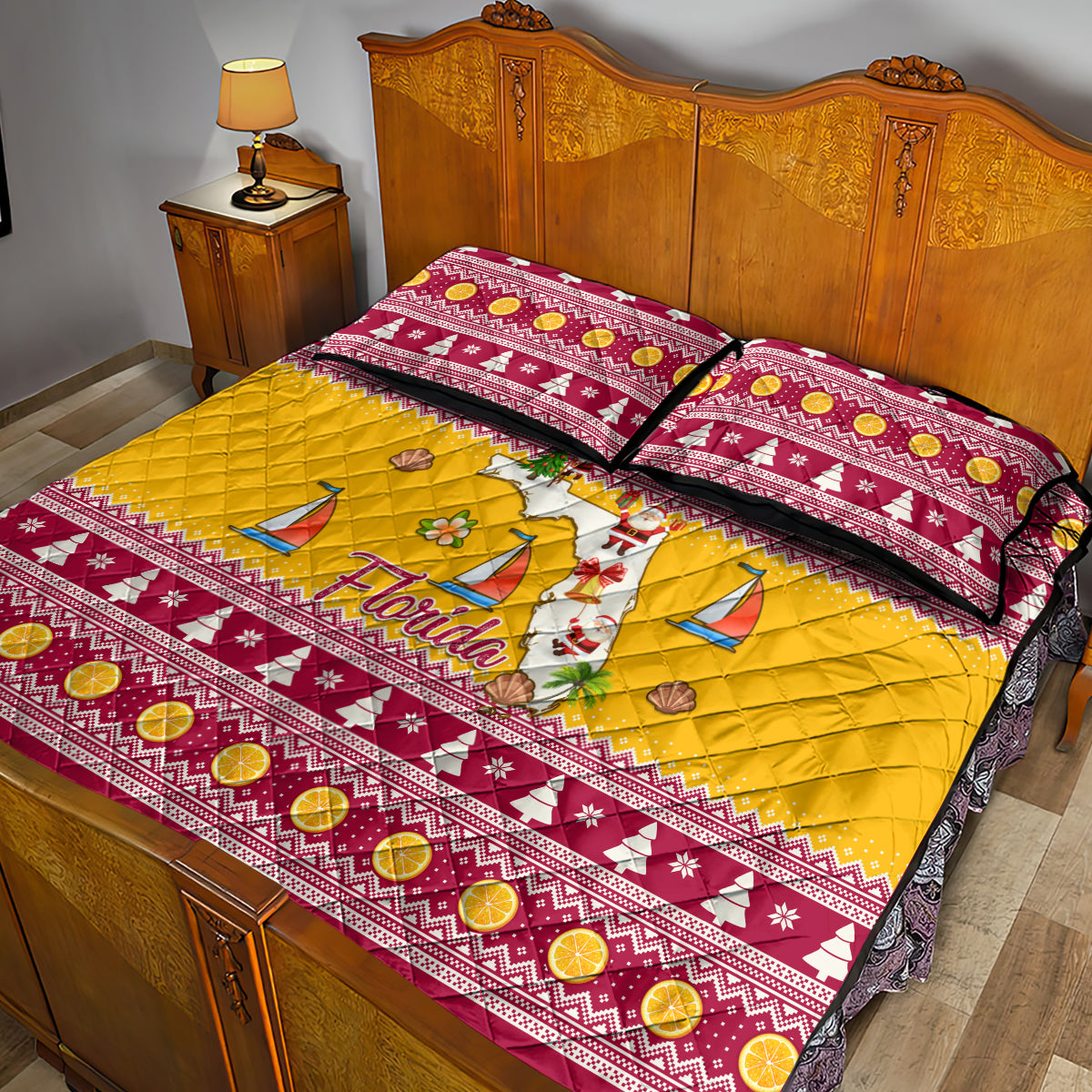 Florida Christmas Quilt Bed Set Santa Claus Florida Map With Orange - Wonder Print Shop