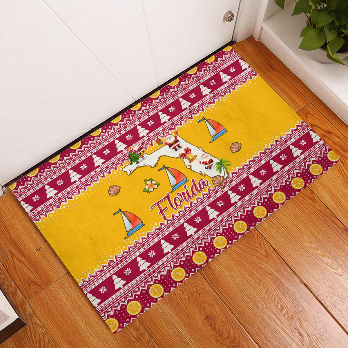 Florida Christmas Rubber Doormat Santa Claus Florida Map With Orange - Wonder Print Shop