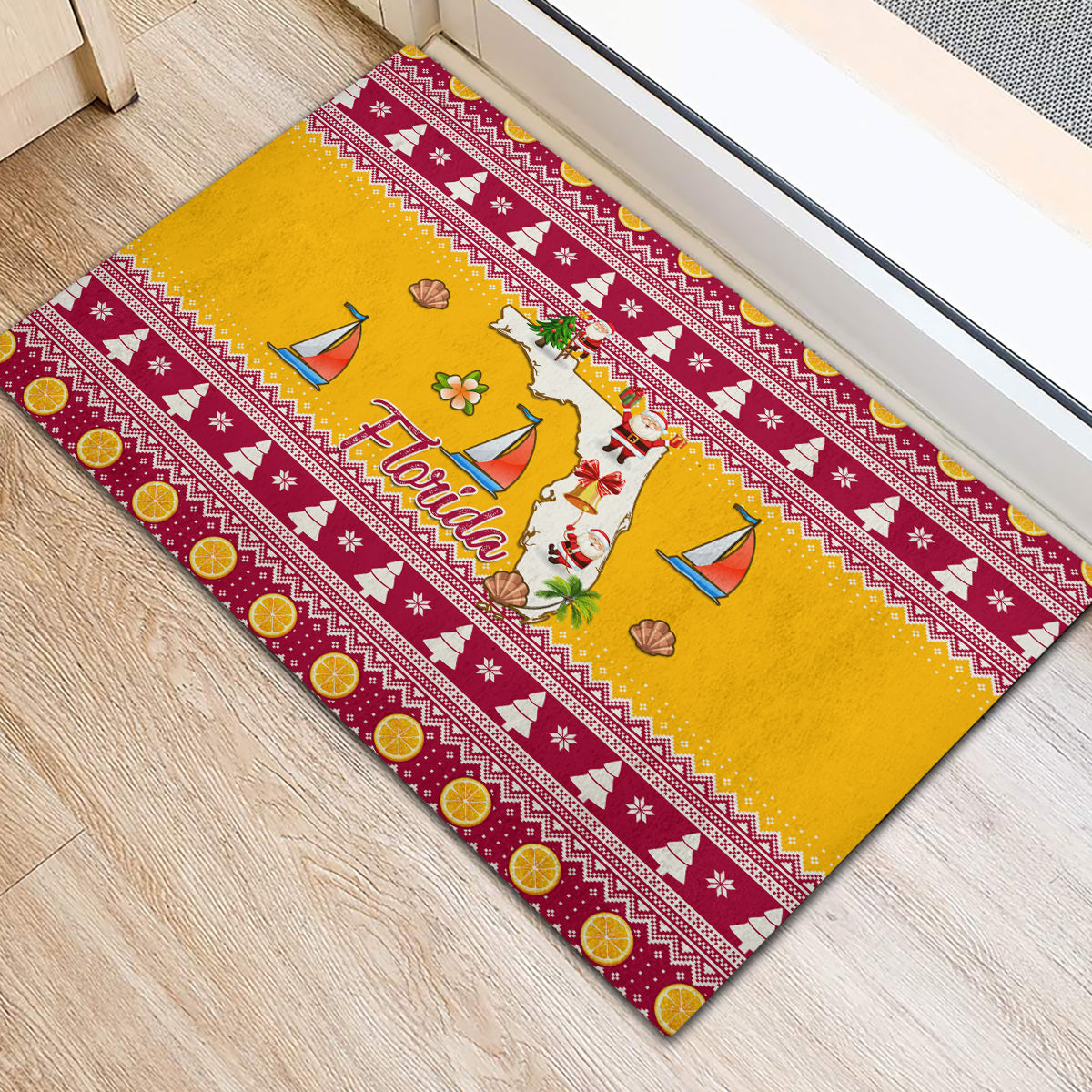 Florida Christmas Rubber Doormat Santa Claus Florida Map With Orange - Wonder Print Shop