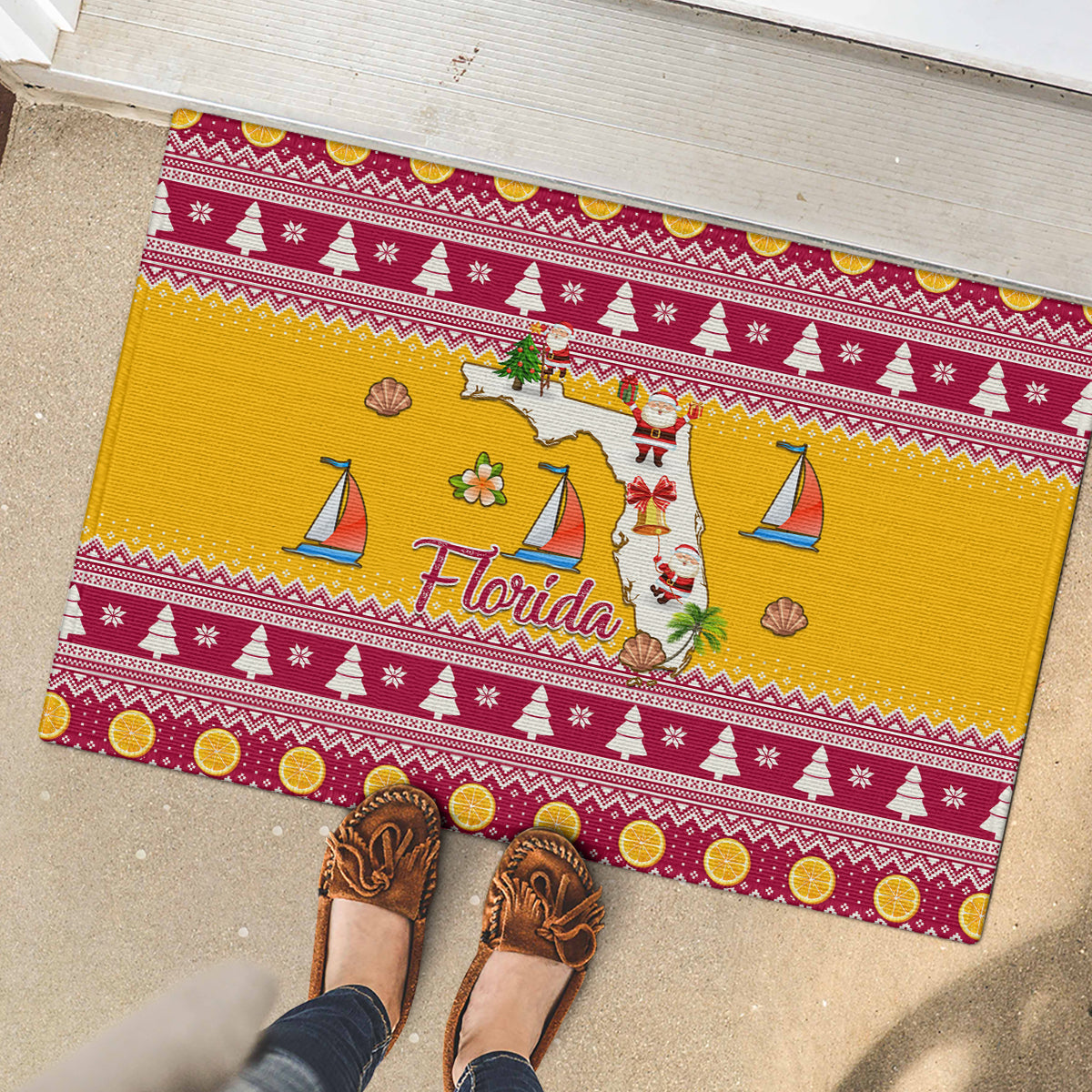 Florida Christmas Rubber Doormat Santa Claus Florida Map With Orange - Wonder Print Shop