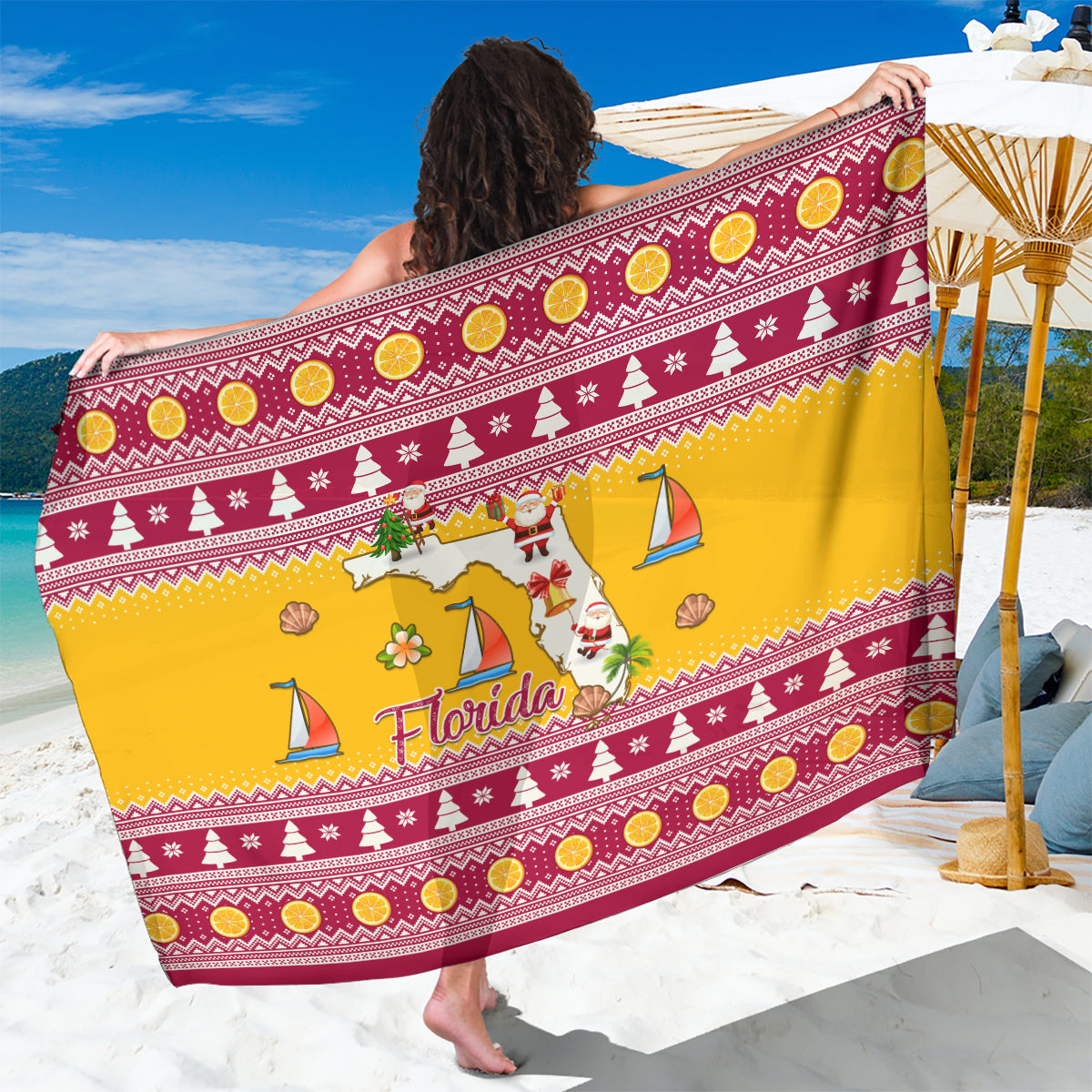 Florida Christmas Sarong Santa Claus Florida Map With Orange - Wonder Print Shop