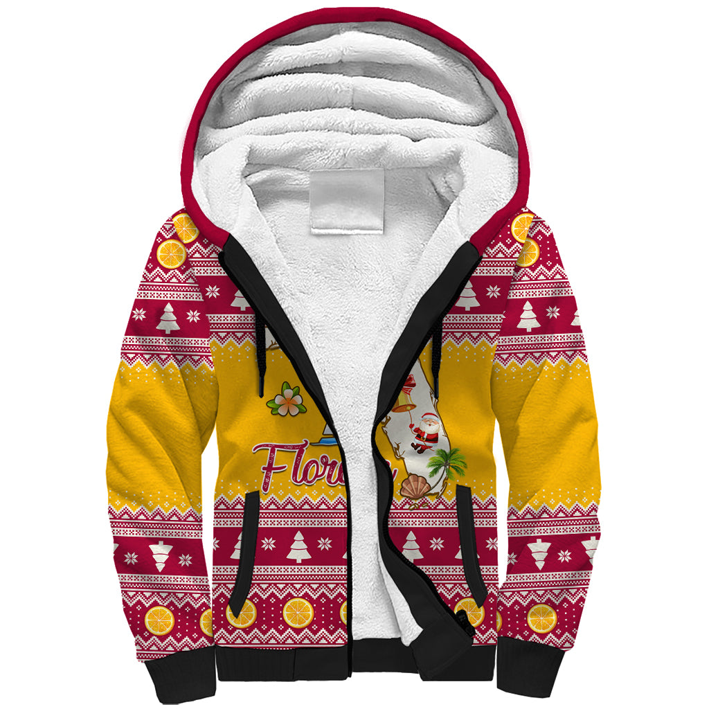 Florida Christmas Sherpa Hoodie Santa Claus Florida Map With Orange - Wonder Print Shop