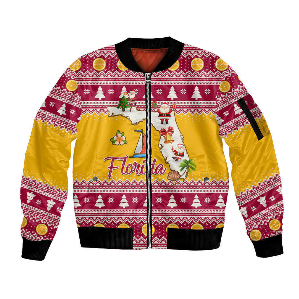 Florida Christmas Sleeve Zip Bomber Jacket Santa Claus Florida Map With Orange - Wonder Print Shop
