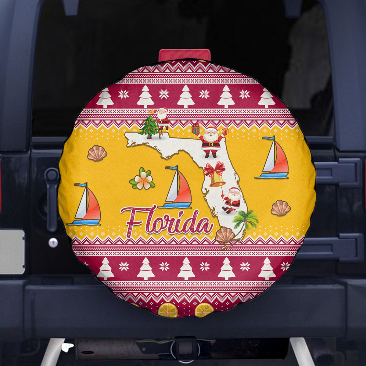 Florida Christmas Spare Tire Cover Santa Claus Florida Map With Orange - Wonder Print Shop