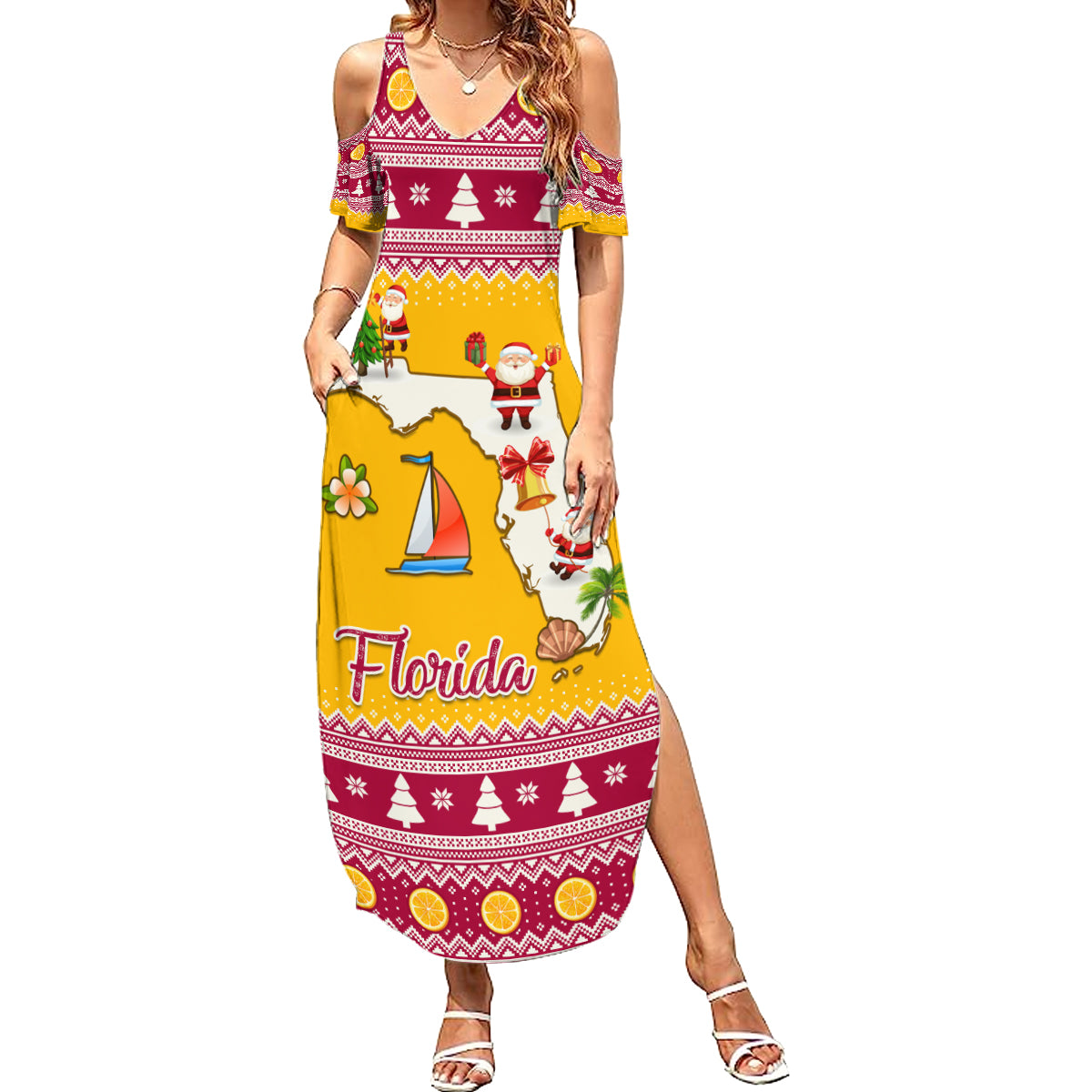 Florida Christmas Summer Maxi Dress Santa Claus Florida Map With Orange - Wonder Print Shop