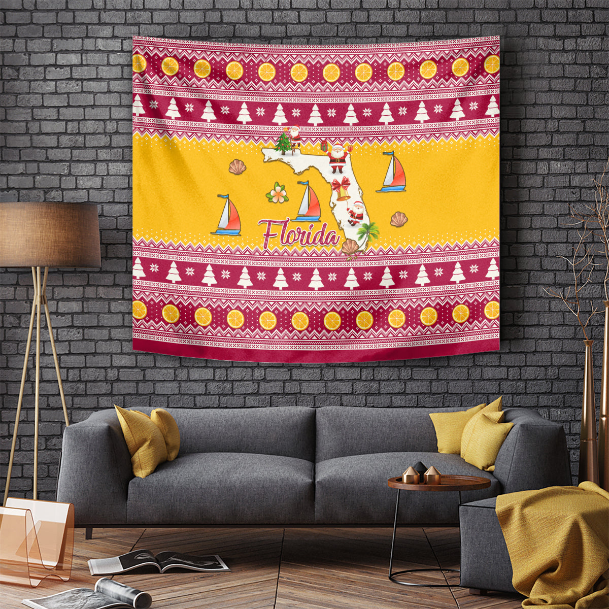 Florida Christmas Tapestry Santa Claus Florida Map With Orange - Wonder Print Shop