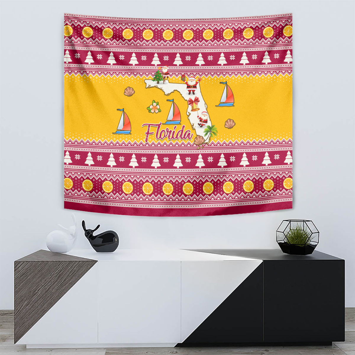 Florida Christmas Tapestry Santa Claus Florida Map With Orange - Wonder Print Shop