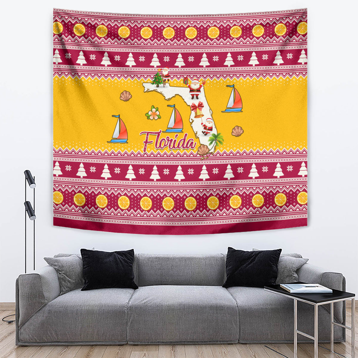 Florida Christmas Tapestry Santa Claus Florida Map With Orange - Wonder Print Shop