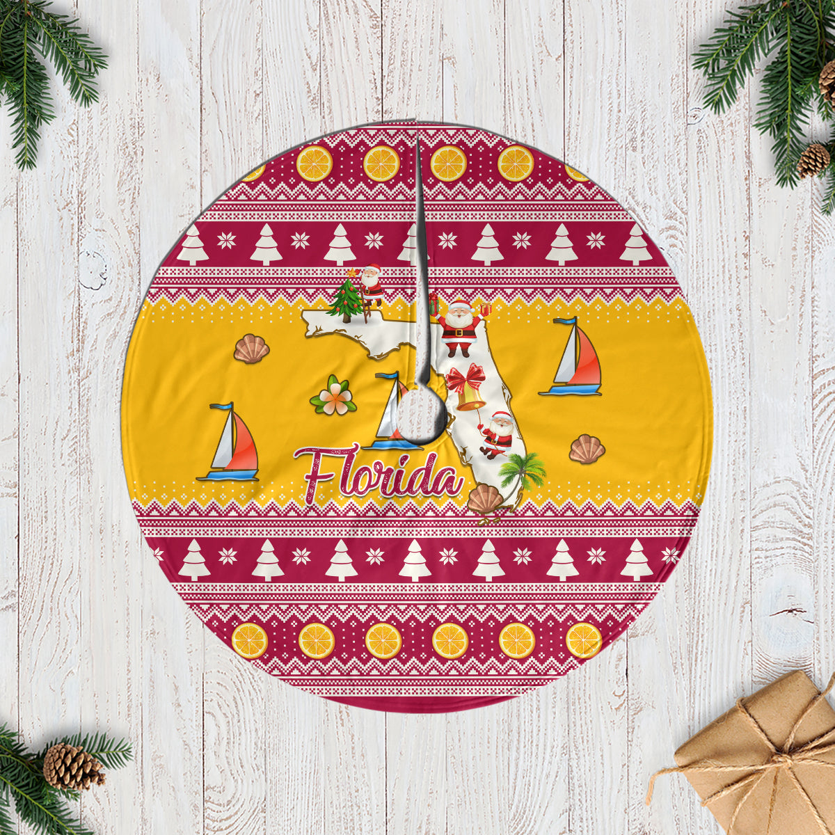 Florida Christmas Tree Skirt Santa Claus Florida Map With Orange - Wonder Print Shop